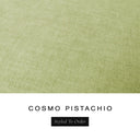 A fabric colour swatch of Cosmo, a premium upholstery-quality fabric used for Charley Chau's luxury donut dog beds, shown in soft pistachio green, with the text 'COSMO PISTACHIO' and a black 'Styled To Order' label below on a white background.