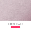 A fabric colour swatch of Cosmo, a premium upholstery-quality fabric used for Charley Chau's luxury donut dog beds, shown in pale dusty pink, with the text 'COSMO BLUSH' and a pink 'Core Collection' label below on a white background.
