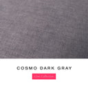 A fabric colour swatch of Cosmo, a premium upholstery-quality fabric used for Charley Chau's luxury donut dog beds, shown in dark grey, with the text 'COSMO DARK GRAY' and a pink 'Core Collection' label below on a white background.