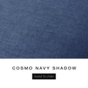 A fabric colour swatch of Cosmo, a premium upholstery-quality fabric used for Charley Chau's luxury donut dog beds, shown in dark navy blue, with the text 'COSMO NAVY SHADOW' and a black 'Styled To Order' label below on a white background.