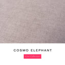 A fabric colour swatch of Cosmo, a premium upholstery-quality fabric used for Charley Chau's luxury donut dog beds, shown in dusty elephant grey, with the text 'COSMO ELEPHANT' and a pink 'Core Collection' label below on a white background.