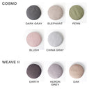 A colour chart of dog round mattressese in 8 different colours on a white background