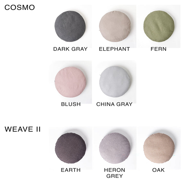 A colour chart of dog round mattressese in 8 different colours on a white background