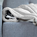 A dog sleeping on grey sofa covered with a luxurious light grey, soft, fluffy sherpa fleece dog blanket.