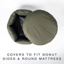 Flat lay of Charley Chau's tough, water-resistant Dry Wax Cotton Canvas spare covers - the donut side cover and the round mattress cover for a water-resistant dog bed.