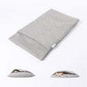 A folded grey SDog nuggle Bed Cover in a woven upholstery fabic by Cahrley Chau on a white backdrop with two detail insets showing dog beds that the spare cover is designed for - The Chalrey Chau Dog Snuggle Bed and Dog Burrow Bag,