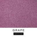 A close-up of the dusky mauve-purple machine washable dog bed fabric swatch used for Charley Chau spare dog bed covers for the bolster dog bed, with the text 'GRAPE' and 'Styled To Order' below.