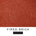 A close-up of the warm terracotta orange-red machine washable dog bed fabric swatch used for Charley Chau spare dog bed covers for the bolster dog bed, with the text 'FIRED BRICK' and 'Styled To Order' below.