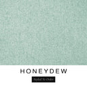 A close-up of the pale sage green machine washable dog bed fabric swatch used for Charley Chau spare dog bed covers for the bolster dog bed, with the text 'HONEYDEW' and 'Styled To Order' below.