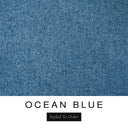 A close-up of the deep petrol blue machine washable dog bed fabric swatch used for Charley Chau spare dog bed covers for the bolster dog bed, with the text 'OCEAN BLUE' and 'Styled To Order' below.