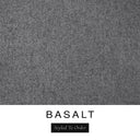 A close-up of the dark charcoal grey machine washable dog bed fabric swatch used for Charley Chau spare dog bed covers for the bolster dog bed, with the text 'BASALT' and 'Styled To Order' below.