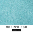 A close-up of the soft powder blue machine washable dog bed fabric swatch used for Charley Chau spare dog bed covers for the bolster dog bed, with the text 'ROBIN'S EGG' and 'Styled To Order' below.