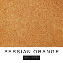A close-up of the warm amber orange machine washable dog bed fabric swatch used for Charley Chau spare dog bed covers for the bolster dog bed, with the text 'PERSIAN ORANGE' and 'Styled To Order' below.