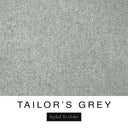 A close-up of the classic mid grey machine washable dog bed fabric swatch used for Charley Chau spare dog bed covers for the bolster dog bed, with the text 'TAILOR'S GREY' and 'Styled To Order' below.