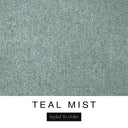 A close-up of the muted sage teal machine washable dog bed fabric swatch used for Charley Chau spare dog bed covers for the bolster dog bed, with the text 'TEAL MIST' and 'Styled To Order' below.