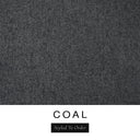 A close-up of the dark charcoal black luxury, machine washable upholstery fabric swatch for Charley Chau spare dog bed covers, with the word 'COAL' and a 'Styled To Order' label below.