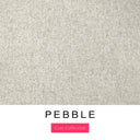 A close-up of the warm stone grey machine washable dog bed fabric swatch used for Charley Chau spare dog bed covers for the bolster dog bed, with the text 'PEBBLE' and 'Core Collection' below.