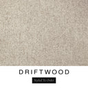 A close-up of the warm sandy taupe machine washable dog bed fabric swatch used for Charley Chau spare dog bed covers for the bolster dog bed, with the text 'DRIFTWOOD' and 'Styled To Order' below.