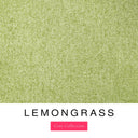 A close-up of the soft sage green machine washable dog bed fabric swatch used for Charley Chau spare dog bed covers for the bolster dog bed, with the text 'LEMONGRASS' and 'Core Collection' below.