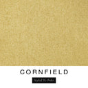 A close-up of the warm golden mustard machine washable dog bed fabric swatch used for Charley Chau spare dog bed covers for the bolster dog bed, with the text 'CORNFIELD' and 'Styled To Order' below.