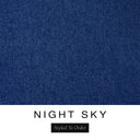 A close-up of the deep navy blue machine washable dog bed fabric swatch used for Charley Chau spare dog bed covers for the bolster dog bed, with the text 'NIGHT SKY' and 'Styled To Order' below.