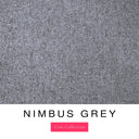 A close-up of the cool blue-grey machine washable dog bed fabric swatch used for Charley Chau spare dog bed covers for the bolster dog bed, with the text 'NIMBUS GREY' and 'Core Collection' below.