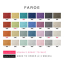 A color selection chart for the Faroe collection, displaying a grid of over 25 different fabric color swatches with their names printed underneath, on a clean white background with text stating 'FAROE' at the top and shipping details at the bottom.