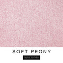 A close-up of the soft blush pink machine washable dog bed fabric swatch used for Charley Chau spare dog bed covers for the bolster dog bed, with the text 'SOFT PEONY' and 'Styled To Order' below.