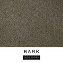 A close-up of the deep olive brown machine washable dog bed fabric swatch used for Charley Chau spare dog bed covers for the bolster dog bed, with the text 'BARK' and 'Styled To Order' below.
