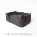 High-sided luxury dog bed - The Deeply Dishy Dog Bed - by designers Charley Chau in a dark brown upholstery quality fabric on a white backdrop with text "Fits Mattresses in the Deeply Dishy Bed". 