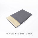 A folded spare dog bed cover to fit Charley Chau Snuggle Dog Beds and Burrow Bags with mid grey outer cover in woven wool texture upholstery-quality Faroe and plush cream faux-fur lining on a white backdrop.