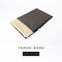 A folded spare dog bed cover to fit Charley Chau Snuggle Dog Beds and Dog Burrow Bags with dark brown outer cover in woven wool texture upholstery-quality Faroe and plush cream faux-fur lining on a white backdrop.