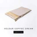 A folded spare dog bed cover to fit Charley Chau Snuggle Dog Beds and Dog Burrow Bags with beige outer cover in upholstery-quality Velour and plush cream faux-fur lining on a white backdrop.