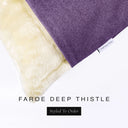 A close up detail of the corner of a Charley Chau Dog Snuggle Bed and dog Burrow Bag Dog Bed Cover with dusty purple outer cover in woven wool texture upholstery-quality Faroe and plush cream faux-fur lining with a woven brand label showing the Charley Chau logo on a white backdrop.