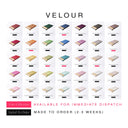 Colour chart grid of spare dog snuggle bed covers in Velour shown in 35 different colours.