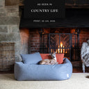 An Italian Greyhound dog lying in a grey luxurious high-sided dog bed, The Bliss Bolster Bed by designers Charley Chau, with small grey and orange cushions inside the dog bed in front of a fireplace in a home setting and a "As seen in Countrly Life" feature badge.