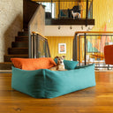 A dog lying in a jade green luxury box style Bolster Dog Bed in a hard-wearing outer fabric, with two small cushions inside the bed that the dog is leaning against, in a modern home setting.
