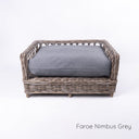 Charley Chau's stylish Raised Rattan Dog Bed with deep-filled luxury dog bed mattress in grey on a white backdrop.