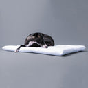 Black dog sleeping on a luxury Dog Travel Pad Mattress by Charley Chau on a grey backdrop.