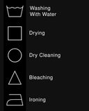 A black informational graphic showing basic laundry wash care symbols with  labels: a washing icon with 'Washing With Water', a square for 'Drying', a circle for 'Dry Cleaning', a triangle for 'Bleaching', and an ironing symbol for 'Ironing' in white text.