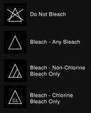 A black informational chart showing four bleach-related wash care symbols with white text labels: 'Do Not Bleach,' 'Bleach - Any Bleach,' 'Bleach - Non-Chlorine Bleach Only,' and 'Bleach - Chlorine Bleach Only.'.