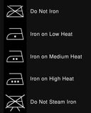 A black informational graphic showing five white laundry ironing care symbols with text labels: Do Not Iron, Iron on Low Heat, Iron on Medium Heat, Iron on High Heat, and Do Not Steam Iron.