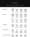 Charley Chau Wash Care Symbol Guide infographic showing icons and instructions for washing, drying, ironing, bleaching, and dry cleaning dog wash symbols on a white background with a black header.