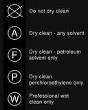 A black information graphic with wash care symbols indicating dry cleaning restrictions and compatibility: do not dry clean, dry clean with any solvent, dry clean with petroleum solvent only, dry clean with perchloroethylene only, and professional wet clean only.