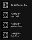 A black informational graphic showing tumble dry symbols and text labels: a crossed-out symbol with 'Do Not Tumble Dry,' a low-heat symbol with 'Tumble Dry Low Heat,' a medium-heat symbol with 'Tumble Dry Medium Heat,' and a high-heat symbol with 'Tumble Dry High Heat.'.
