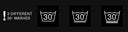 Three white laundry care icons on a black background, each showing a washing symbol with '30' inside, alongside white text reading '3 DIFFERENT 30° WASHES'.