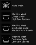 A black informational graphic with white laundry wash care symbols and text listing care instructions: Hand Wash; Machine Wash - Cotton Cycle - High Spin Speeds;  Machine Wash - Synthetics Cycle - Medium Spin Speeds; and Machine Wash - Delicates Cycle - Low Spin Speeds.