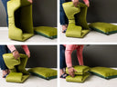 A four-panel collage showing a person folding a bright green dog bed into a compact rectangular block ready to wash in a washing machine. The dog bed is demonstrated in multiple configurations against a dark gray background and white floor.