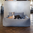 Two dogs cuddled up together in a dark grey lxuury box style dog bed, the Bliss Bolster Dog Bed, by Charley Chau.