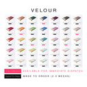 Velour fabric swatches in various colors with 'Velour' branding and product details.